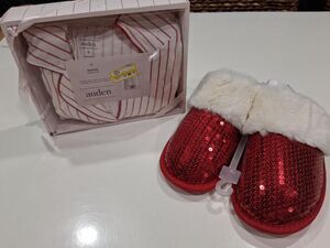 Auden Women SM Pajama set & Red Sequin Slippers Med (7/8) Faux Fur Slip On B21